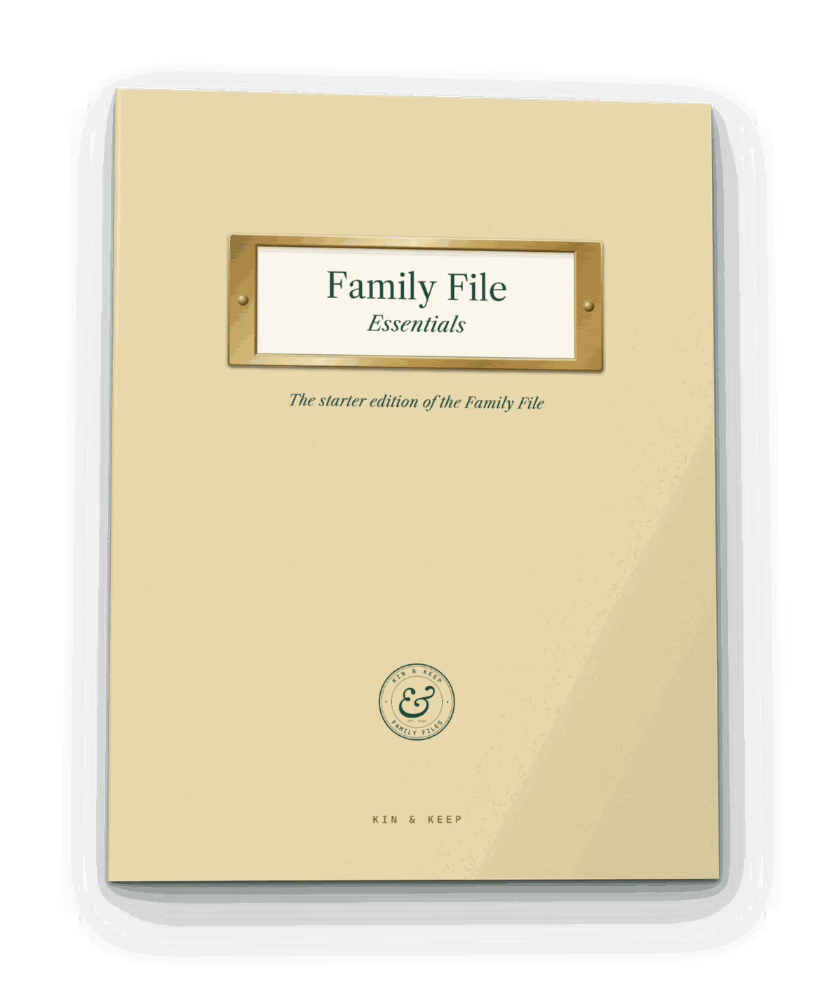 Family File Essentials, a manila-colored saddle-stitched booklet with evergreen type
