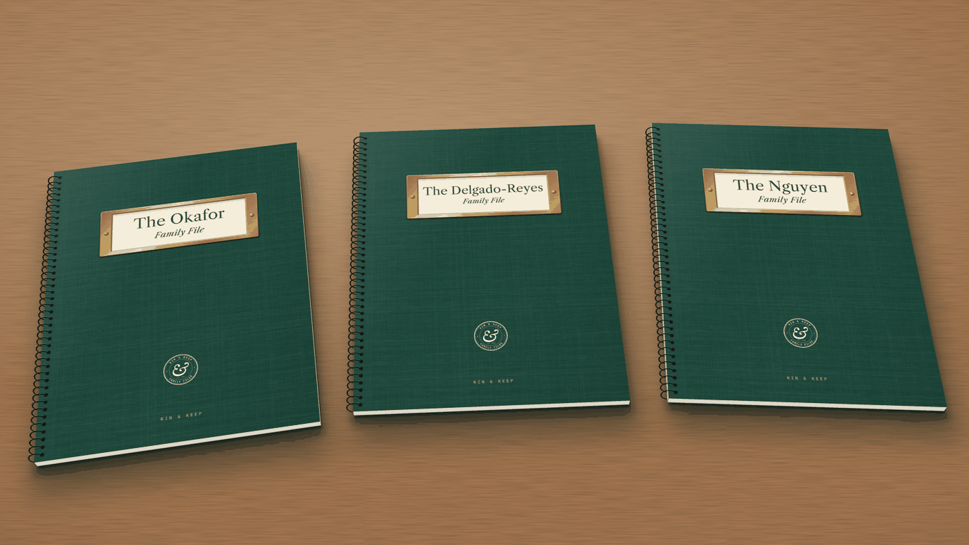 Three printed Family Files on a wooden desk, labeled The Okafor, The Delgado-Reyes and The Nguyen Family File. Example names.